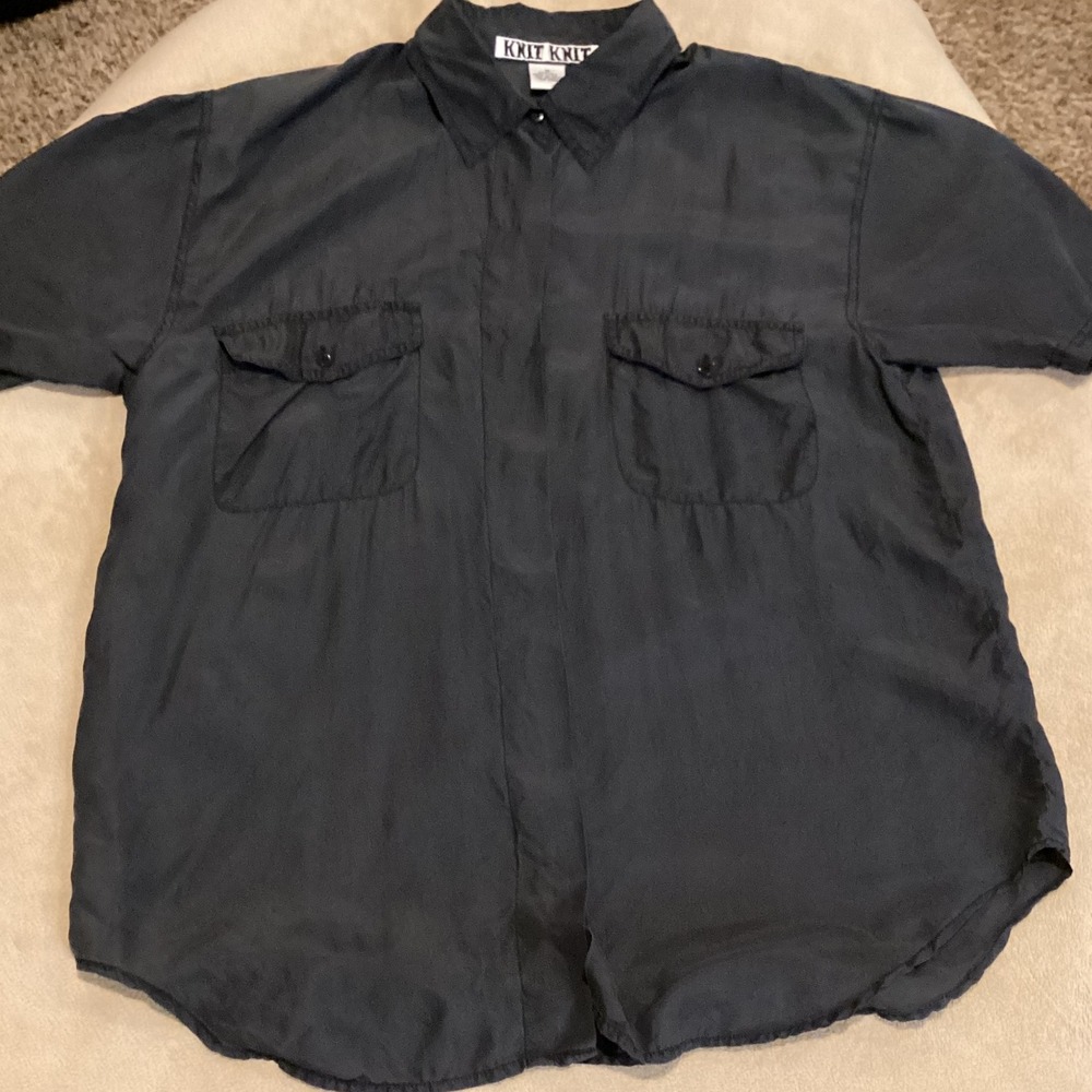 Knit Knit European Brand 100% Silk Black Collared Button Up Top, Women's Medium - Picture 4 of 5